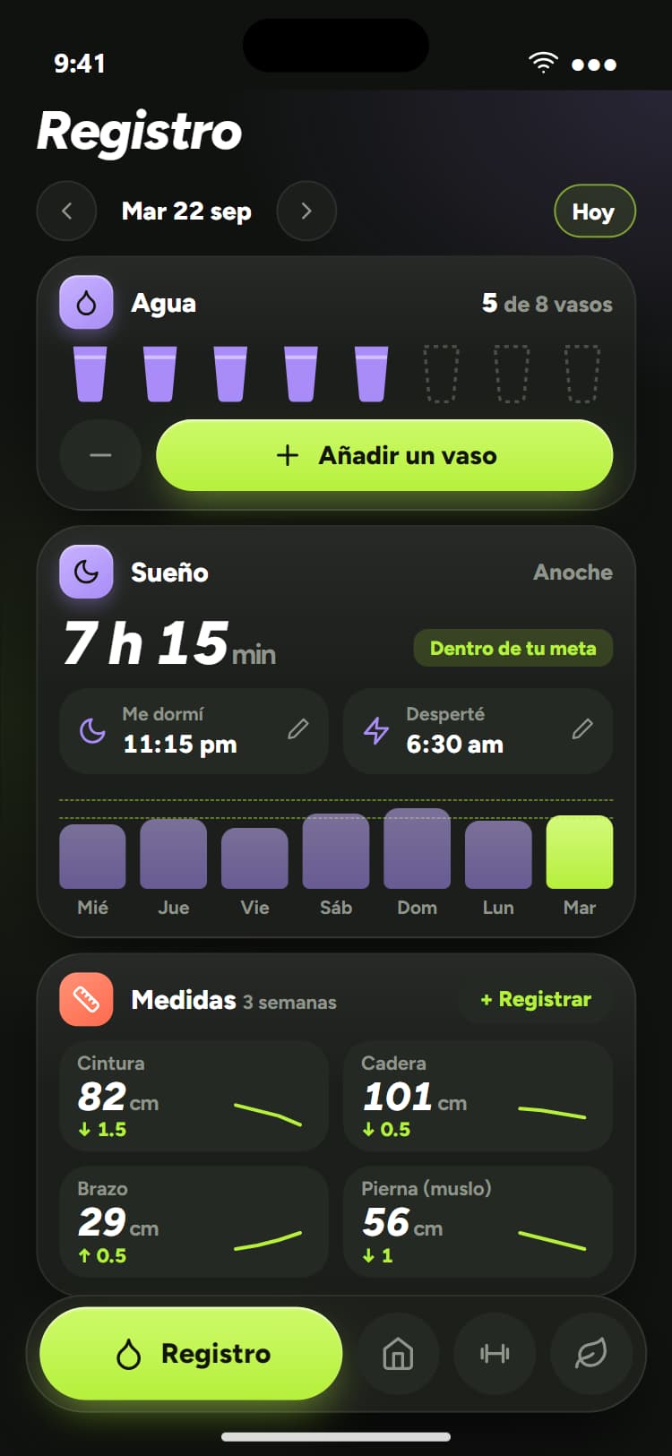 Registro: agua, sueño y medidas corporales